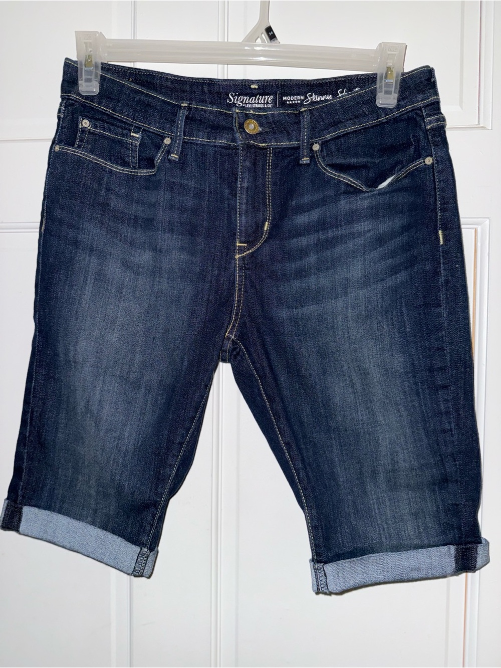 Levi's Signature Dark Blue Denim Shorts with Tan Leather Patch
